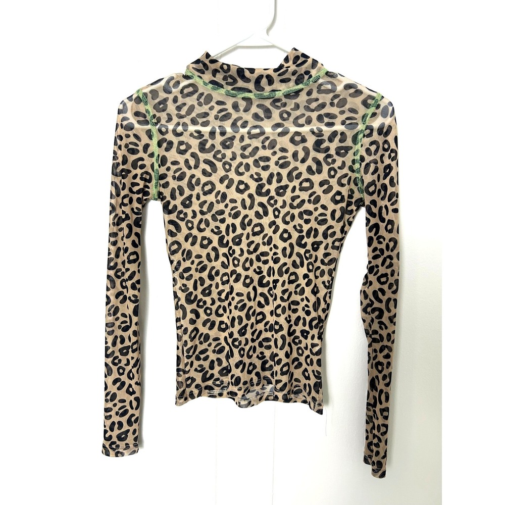 Sandy Liang Promise Top Pale Leopard‎ 2 Mesh Mock Neck Contrast Stitching Sheer